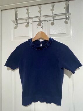 Ann Taylor Navy Short Sleeve Top with Ruffle Velvet Collar
